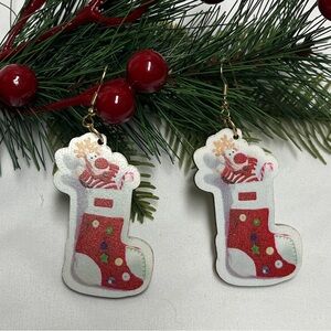 Christmas Earrings,NIP, lite weight wood, design one sided, bright colors, 2”